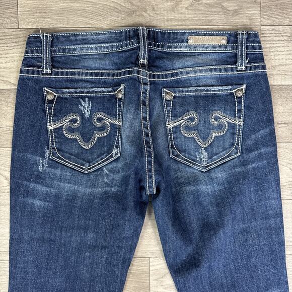 ReRock Express Distressed Bootcut Denim Jeans Dark Wash sz 6 Short - Picture 7 of 8